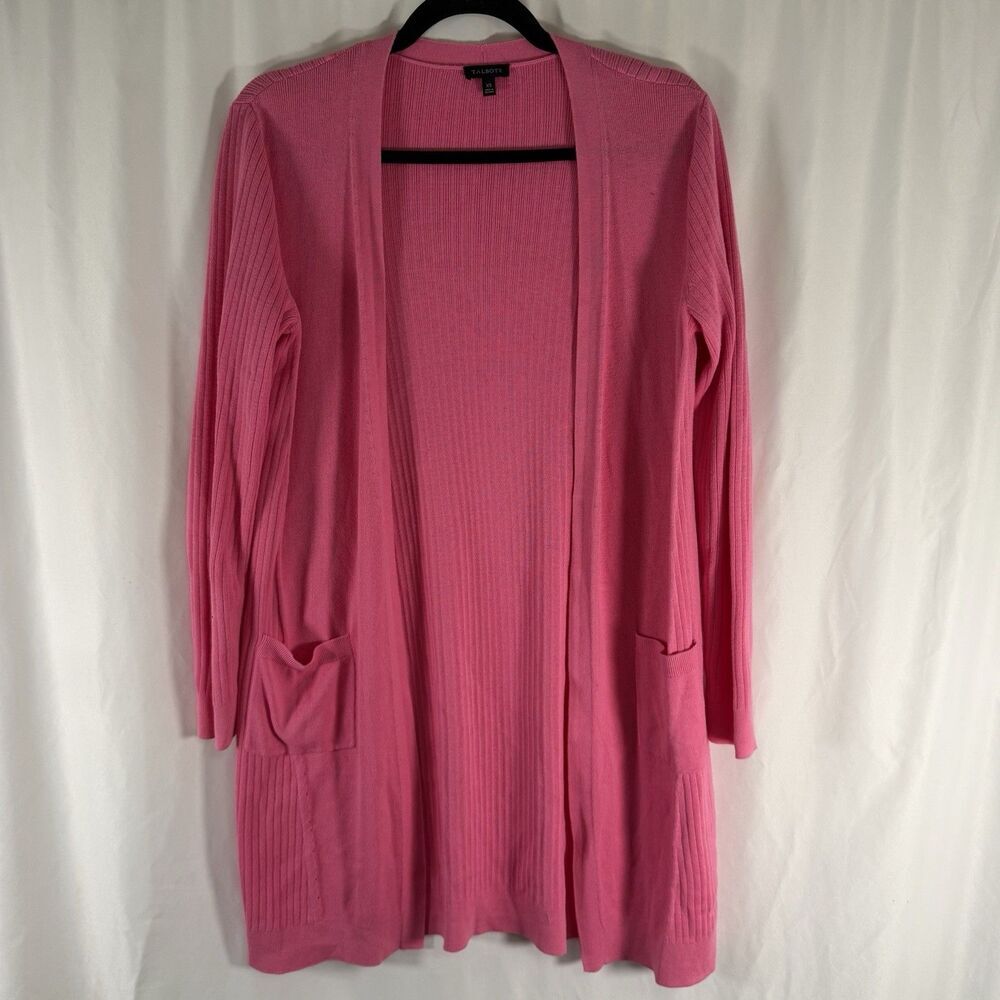Talbots Long Cardigan Women's XS Pink Open Front Knit Ribbed Pima Cotton